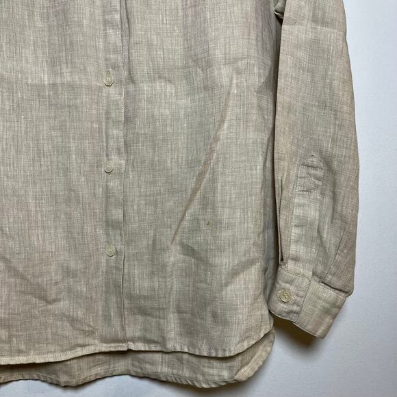 Liz Claiborne 100% Linen Blouse Button Up Top Beige Brown Medium Petite Collared - Picture 5 of 9